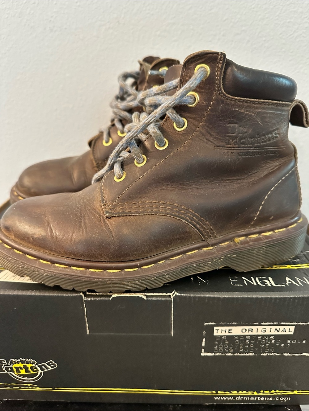 Dr. Martens Unisex Dark Brown Leather Lace-Up Boots with Yellow Stitching